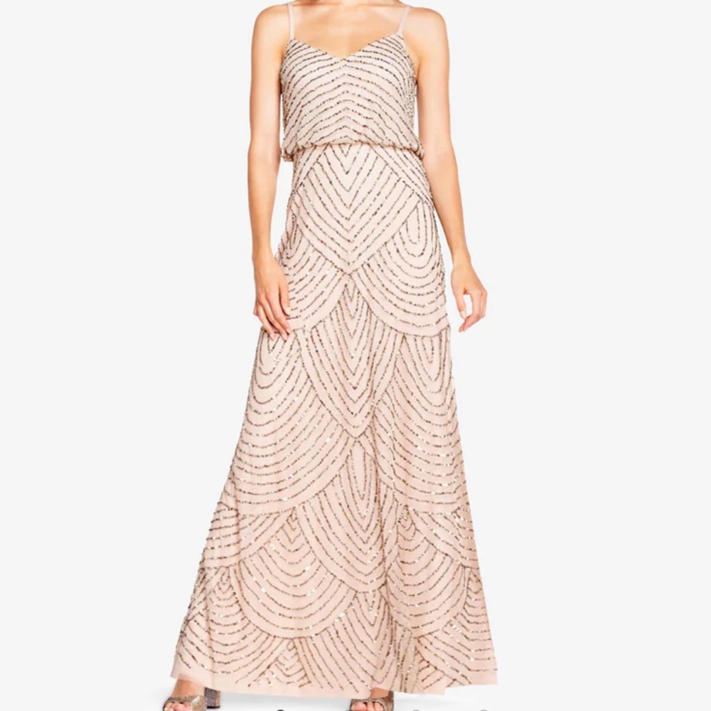 Adrianna Papell ART DECO BEADED BLOUSON GOWN IN TAUPE PINK NWT